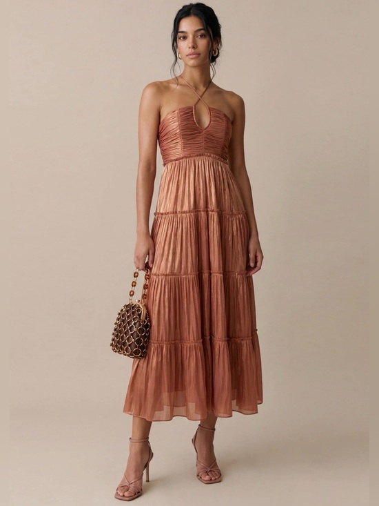 o.p.t Dresses & Skirts - Few Moda o.p.t NWT East Copper Cowboy Metallic Tiered Spaghetti-Strap Midi Dress
